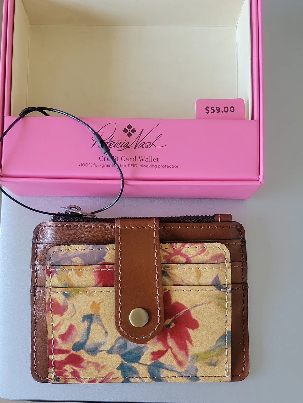Patricia Nash Brown Floral Leather Casis Card Wallet with Multicolor Print, NWT